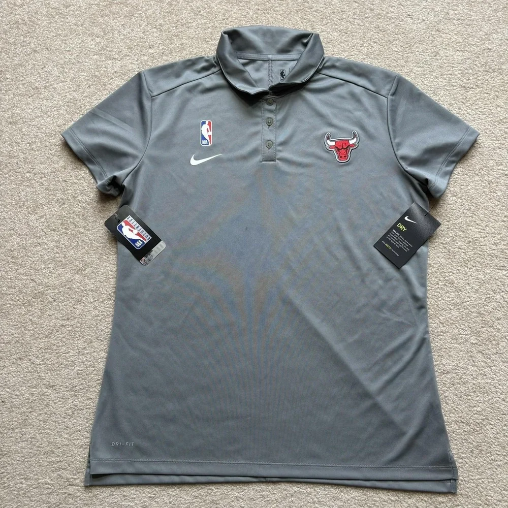 NWT Chicago Bulls Nike Polo Shirt Womens Large Gray NBA Basketball Dri‎ Fit Top